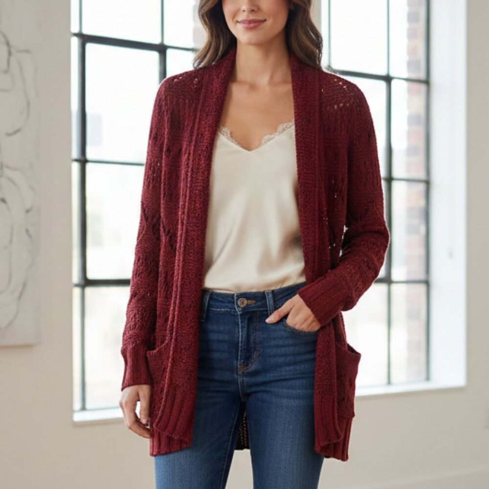Lucky Brand small Knitted long cardigan Burgundy Red Open Sweater